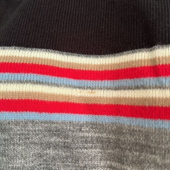 Vintage 70s Kmart striped black, red, gray & tan cream acrylic sweater with hood - Picture 4 of 9